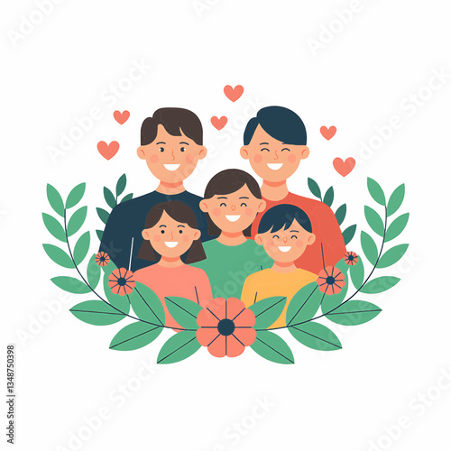 Illustration of a happy family of five surrounded by leaves flowers and hearts in a flat style art
