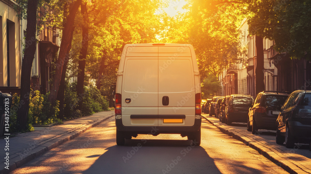 Obraz premium Delivery Van Parked Along Urban Street with Bright Sunlight and Tree Shadows in an Asphalt Road Scene