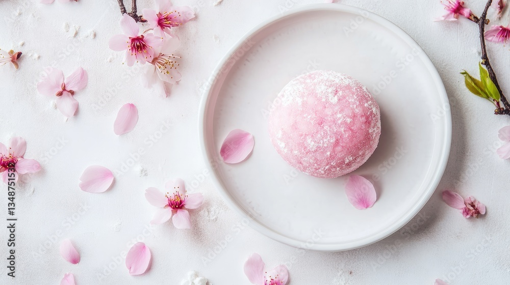 Fototapeta premium Delicate Pink Dessert Surrounded by Blossoms on White Plate