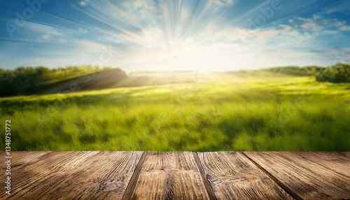 wood table with replica area and solar rays on a lovely summer day