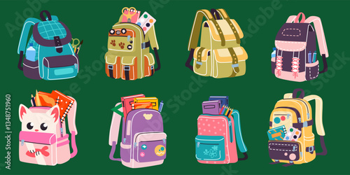 Bag rucksack for education. Back to school. Colorful cartoon flat style luggage with books, pencils and pens, art tools. Study, college supplies. Schoolbag, baggage for kids, knapsack. Vector set