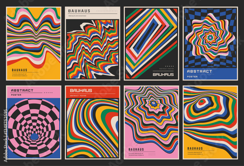 Optical illusion poster. Abstract background. Geometric striped shapes. Vintage art card. Retro checkered circle and line with rainbow colors. Graphic colorful modern print. Vector design banners set