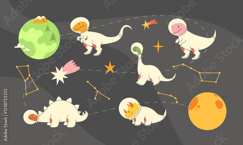 Space set with cute hand drawn dinosaur astronauts in spacesuit among the stars