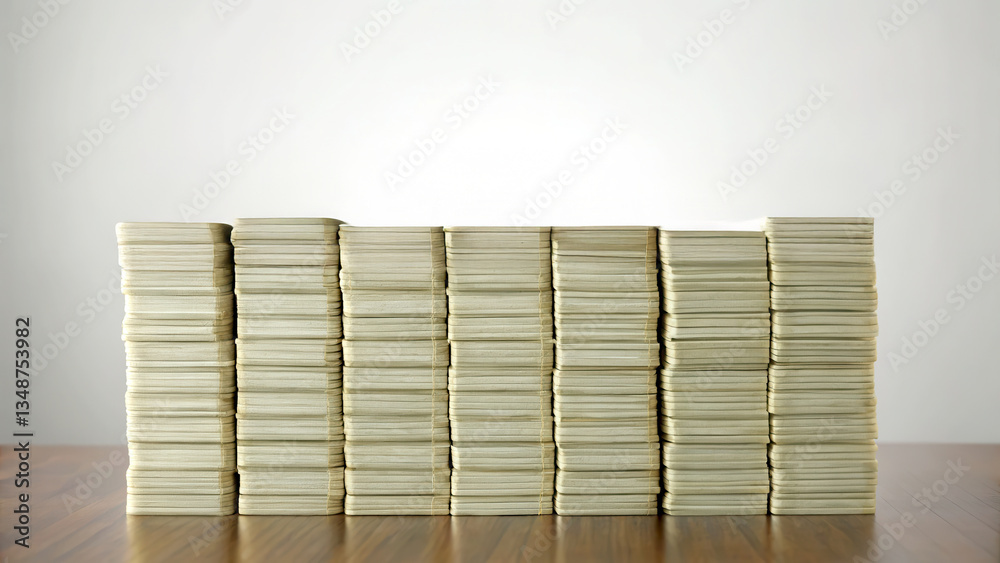Money income circulation concept. Stacks of neatly organized newspapers on a wooden floor against a plain wall. Money income circulation concept. Stacks of neatly organized newspapers on a wooden floor against a plain wall.