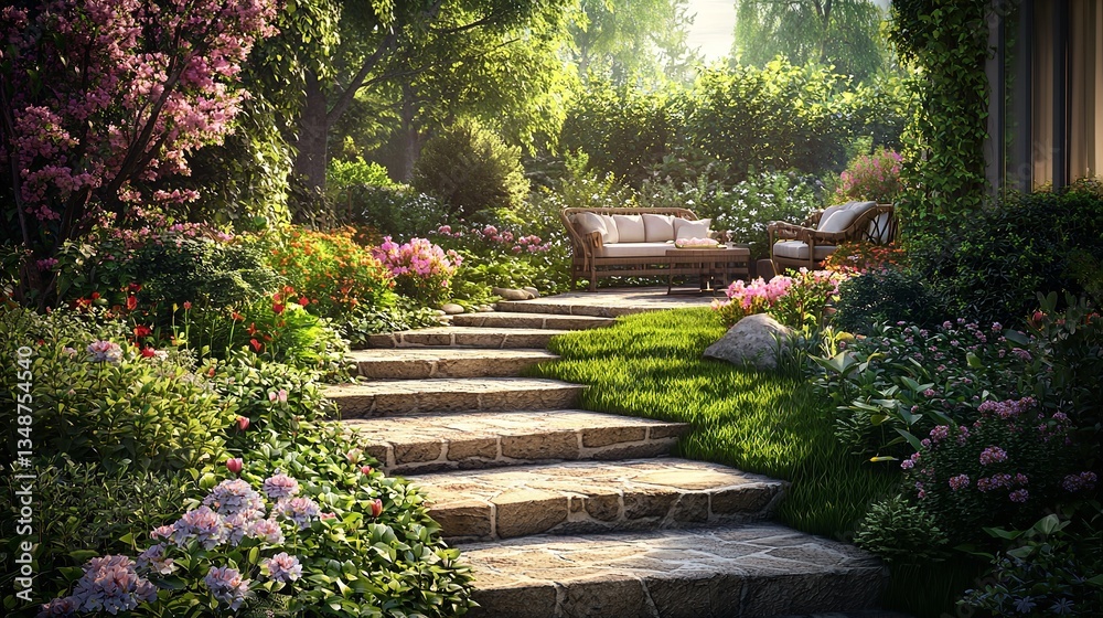 A garden path with stone steps and blooming flowers