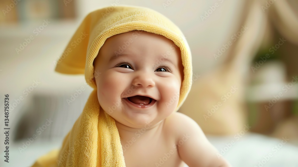A sweet baby with a big smile wrapped in a yellow towel. A sweet baby with a big smile wrapped in a yellow towel.