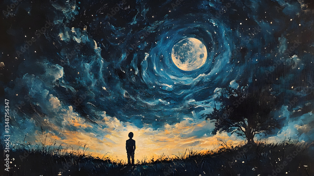 Obraz premium A child silhouetted against a swirling night sky and large moon