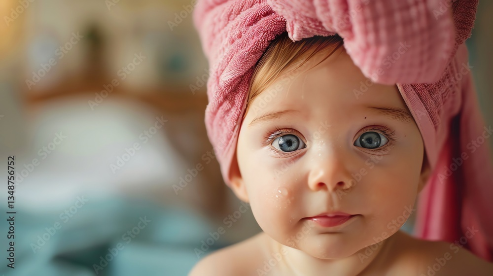 A close-up photo of a baby with big blue eyes, wrapped in a pink towel. A close-up photo of a baby with big blue eyes, wrapped in a pink towel.