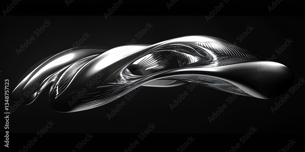 Obraz premium Abstract Chrome Wave Form on Black Background with Smooth Reflections