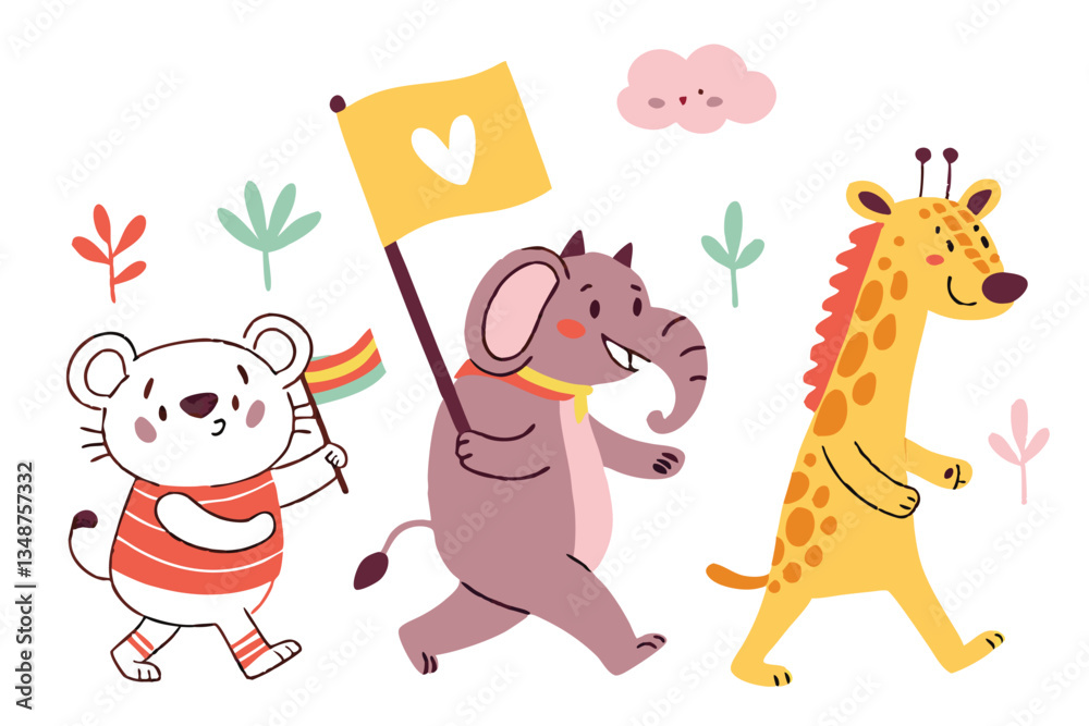 Obraz premium 29 Colorful cartoon animals, whimsical characters, playful illustrations, children's book style, simple shapes, vibrant colors, anthropomorphic animals, quirky designs, hand-drawn aesthetic, diverse c