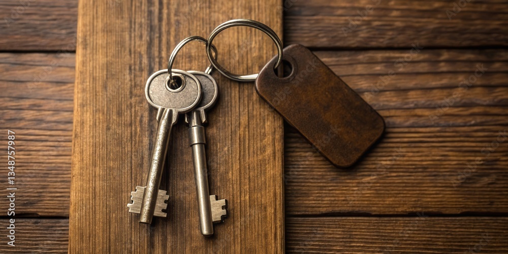 Travel experiences concept. Keys resting on a wooden surface with a tag for identification. Travel experiences concept. Keys resting on a wooden surface with a tag for identification.