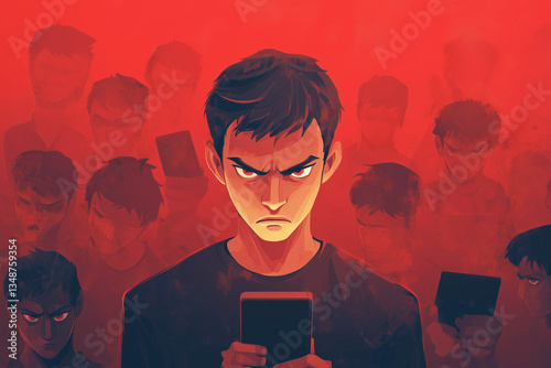 A teen or young man who has been negatively influenced by social media, he looks angry and upset, there is a sense of violence or hate. Landscape 3:2
