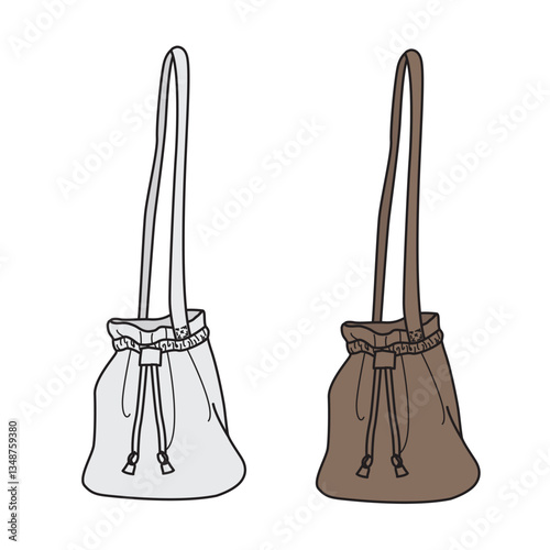 Girls drawstring tote bags vector design mockup template technical flat sketch.