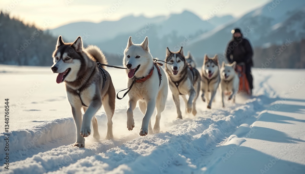 Naklejka premium Husky dogs team sledding in winter snow. Cold weather scene. Sled dog sport, winter activity. Snowy landscape, mountains background. Musher driving dog sled. Adventure travel in cold environment.
