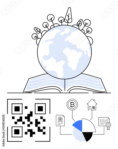Globe with plants on open book, QR code, pie chart, cryptocurrency, real estate, and certifications. Ideal for education, environment technology sustainability business innovation economy. Flat