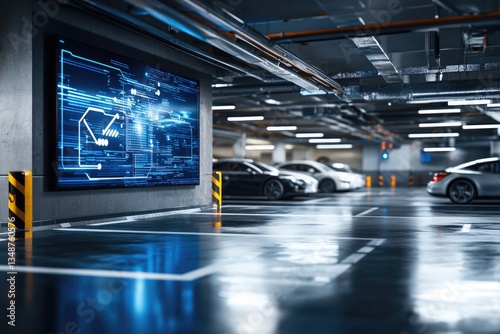 Smart parking system with digital display showing data and car information in modern parking garage.