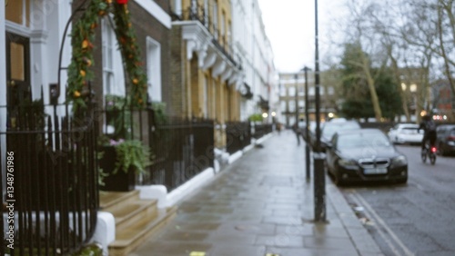 Photography Blurred london street scene in winter with defocused cars, buildings, and trees, capturing a quiet and moody urban atmosphere in the united kingdom