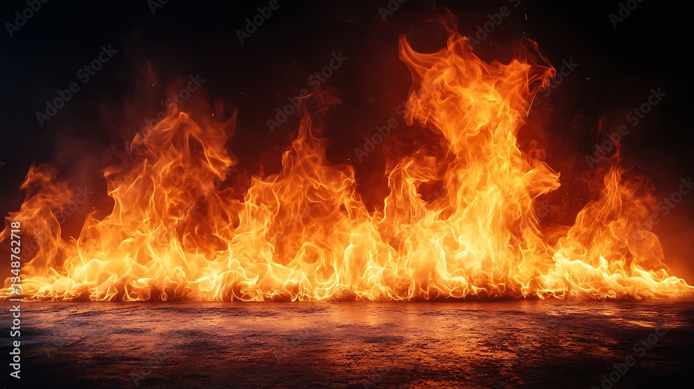 Fiery inferno flames burning on dark floor. Fiery inferno flames burning on dark floor.