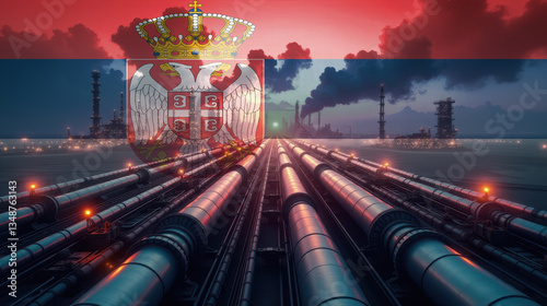 Oil pipelines leading to a refinery, overlaid with the Serbia flag. A concept of energy industry, fuel production, and economic power.
