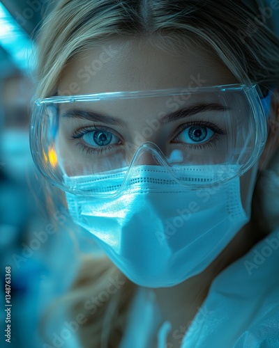 Woman in mask and goggles in blue light. Close-up of piercing blue eyes.