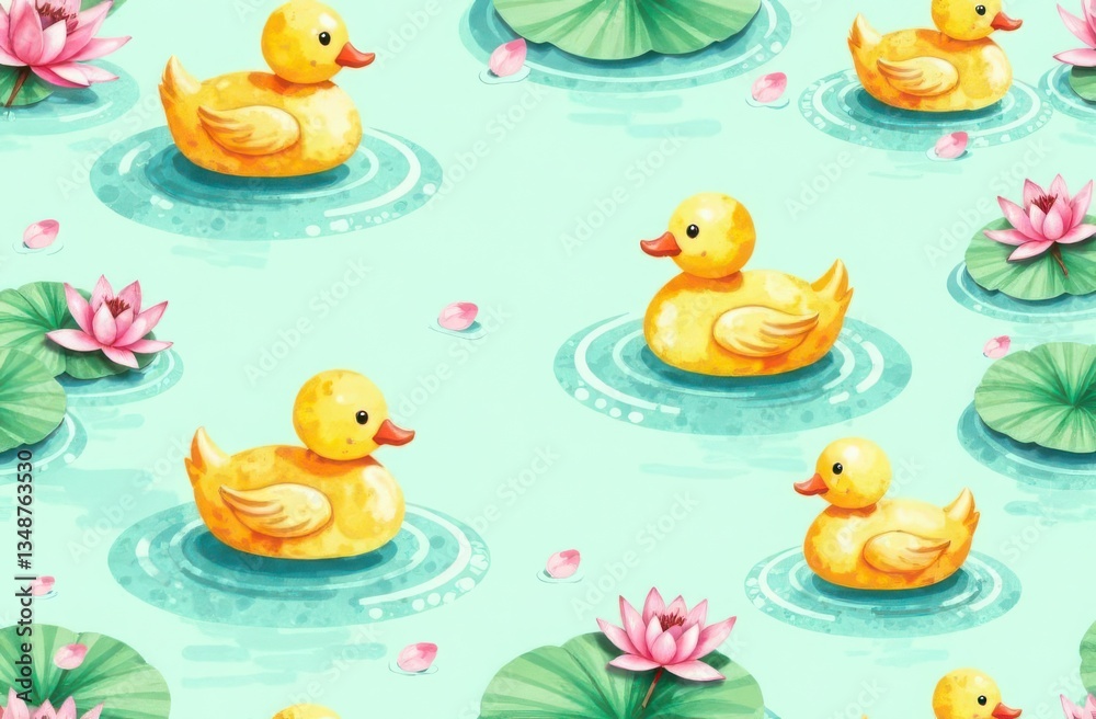 Naklejka premium Seamless watercolor pattern with yellow ducklings in a pond