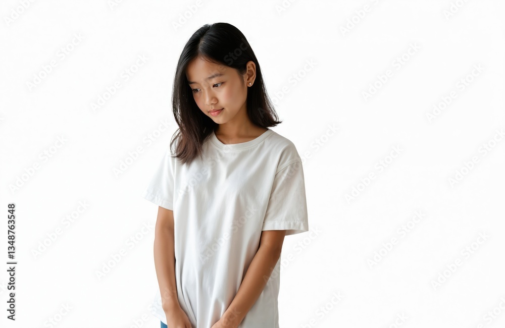 Young Asian woman looks down isolated on white background. Girl wears white t-shirt in studio. Thoughtful expression, beauty, fashion, portrait. Smiling face, headshot. Asian beauty. Copy space for Young Asian woman looks down isolated on white background. Girl wears white t-shirt in studio. Thoughtful expression, beauty, fashion, portrait. Smiling face, headshot. Asian beauty. Copy space for