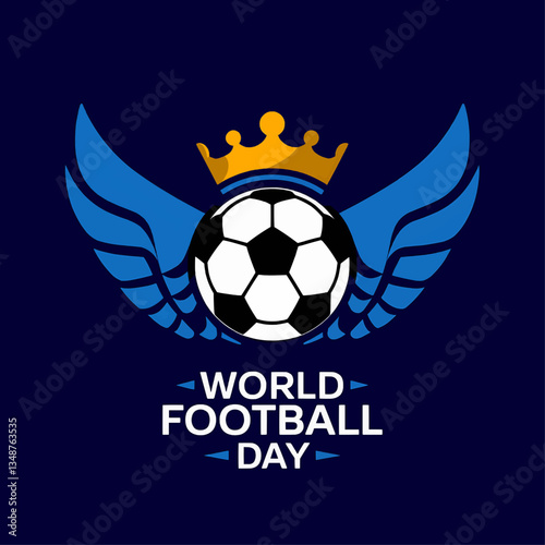 Illustration of a soccer ball with a crown and wings for world football day on a dark blue background