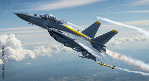 F-15E Strike Eagle fighter jet soaring through cloudy skies, military aviation photography, aerial combat readiness, defense technology and air superiority themes photo