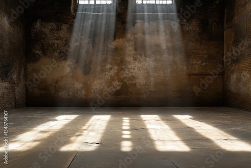 Wallpaper Mural Sunlight streams through aged, barred windows in an empty industrial space Torontodigital.ca