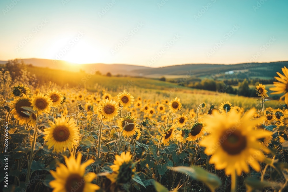 Fototapeta premium Sunflowers in a field at sunset, golden hour light illuminating the scene.