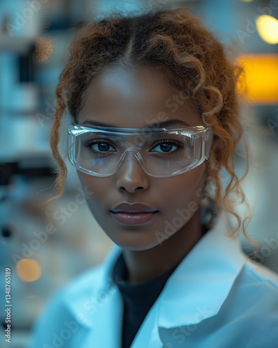 Researcher in safety glasses, conducting scientific experiments in a lab.