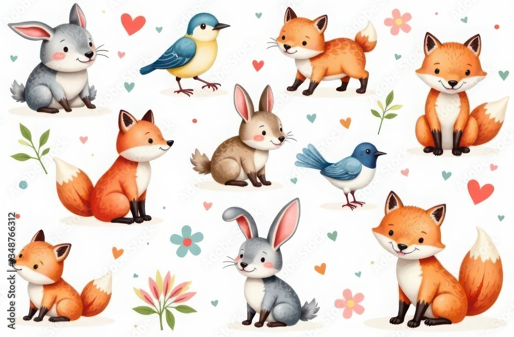 Seamless watercolor pattern with bunnies, foxes and birds on a white background Seamless watercolor pattern with bunnies, foxes and birds on a white background