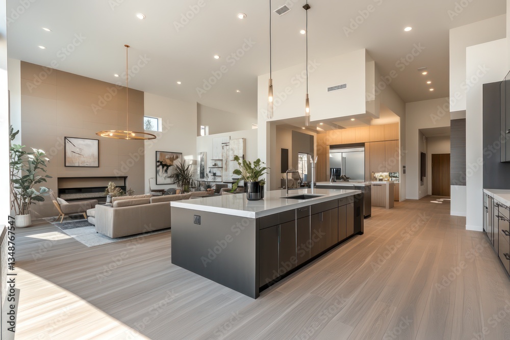 Fototapeta premium A modern open-concept home with a spacious kitchen island in the center, surrounded by sleek cabinetry, and an inviting living