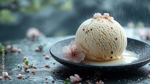 A scoop of ice cream with cherry blossoms in the rain
