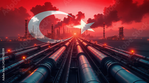 Oil pipelines leading to a refinery, overlaid with the Turkey flag. A concept of energy industry, fuel production, and economic power.