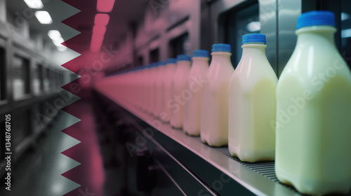 Milk production in the Qatar. A conveyor with bottles of milk symbolizes dairy industry, agriculture, and food supply chain. National economy concept.