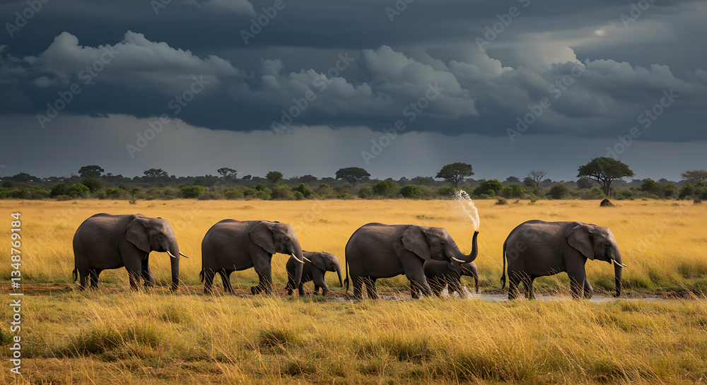 Elephant Family Walking Across Golden Grassland Under Dramatic Sky Elephant Family Walking Across Golden Grassland Under Dramatic Sky