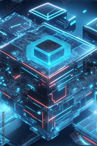 Abstract technology background with 3D cubes geometric shape. Futuristic technology wallpaper. Digital cyber tech backdrop background. abstract background neon glowing lights.