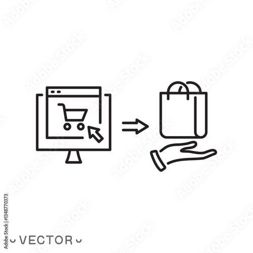 click and collect online order icon, food delivery service steps, receiving order, hand holding paper bag, thin line symbol isolated on white background, editable stroke eps 10 vector illustration