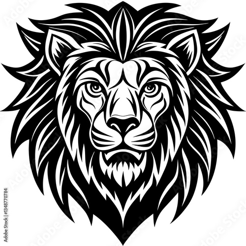 Fierce Black and White Lion Head Vector Illustration (Single Item)
