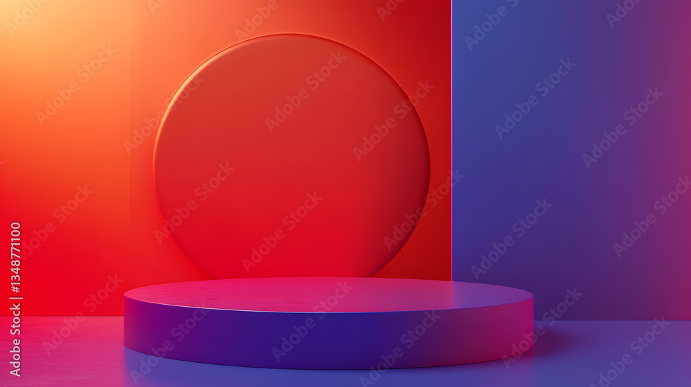 Abstract 3D render of a purple cylindrical platform against a red and purple background Abstract 3D render of a purple cylindrical platform against a red and purple background