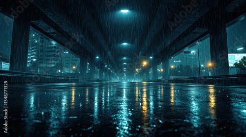 Rain-soaked urban underpass at night