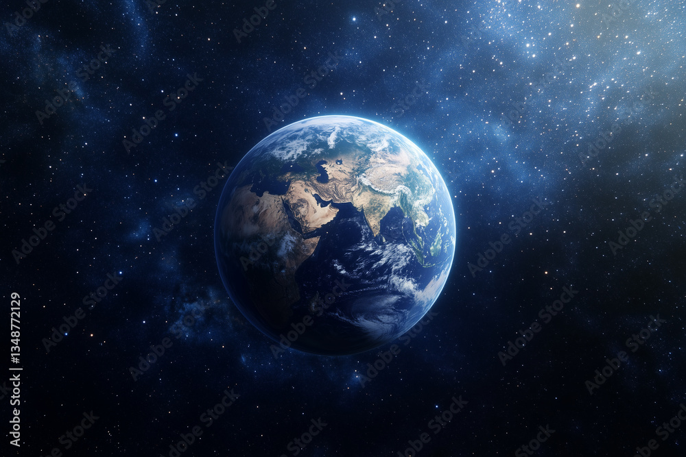 Obraz premium An image of Earth in space surrounded by stars and galaxy, capturing a cosmic and scientific feel. Perfect for space and astronomy visuals.