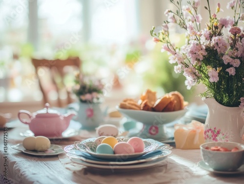 Wallpaper Mural Easter brunch table set with pastel-colored dishes, decorated eggs, and fresh flowers, creating a cozy and warm atmosphere Torontodigital.ca