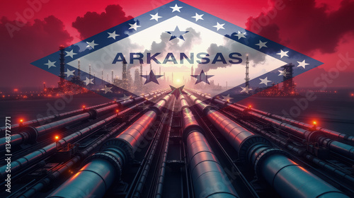 Oil pipelines leading to a refinery, overlaid with the Arkansas flag. A concept of energy industry, fuel production, and economic power.