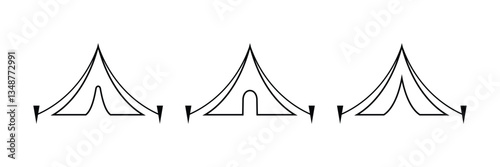 Camping tent icon. Camp shelter illustration. Trekking canopy symbol. Hiking tarpaulin sign. Adventure tent pictogram. Campground canvas concept. Simple outline travel icon. Eps 10.