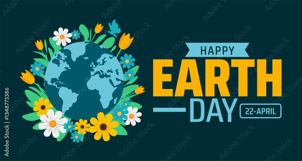 Fototapeta premium happy world earth day world map and flower design background banner or poster design template. observed every year in April. Holiday concept. Use to any Template, card, poster, placard, template.