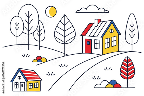 35 Minimalist geometric shapes, Primary colors, Simple trees and houses, Abstract landscape, Flat design, 2D illustrations, Childlike drawings, Colorful building blocks, Basic geometric forms, Clean w