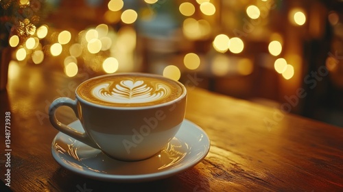 Wallpaper Mural Warm latte art in a white cup on a wooden table with blurred bokeh lights. Torontodigital.ca