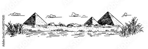 egyptian pyramids desert panoramic view sketch engraving seamless pattern on white background